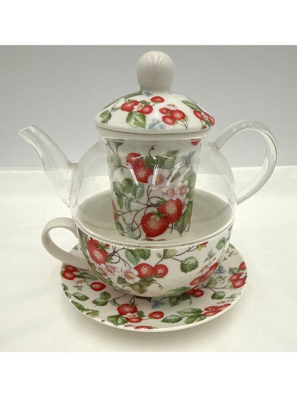 Grace Fine Porcelain Tea For One Set Strawberry Print Teapot Infuser Cup & Sauce